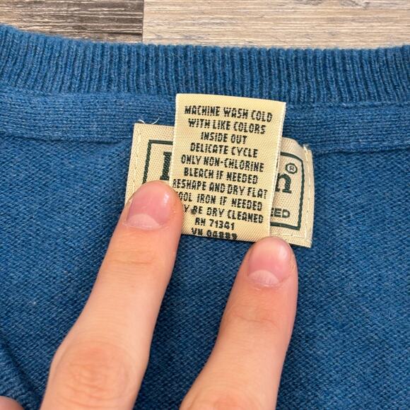 LL Bean Sweater Blue Men L V-Neck Cotton Cashmere Blend Plain Knit Pullover - Picture 9 of 9